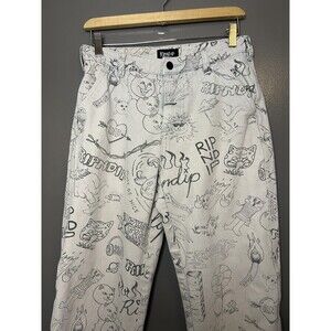 RIPNDIP Jeans Mens 30x28 White All Over Cat Print Straight Leg Denim Pants